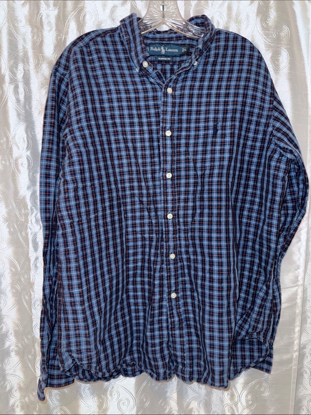 Ralph Lauren Navy and Light Blue Plaid Button-Down Shirt Men’s Size Large 🔥 G10